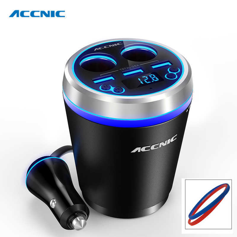 12-24V Car Bluetooth FM Transmitter 3 USB Charger Adaptor With Voltage Current Display Cup Holder 2 Cigarette Lighter