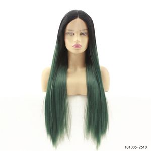 12 ~ 26 inches lang synthetisch kantpruiken zijdeachtig recht donker groen t kleur simulatie menselijk haar pruik 181005-2610