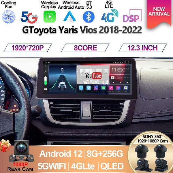 Autoradio Android 12.3 pouces pour Toyota Yaris Vios 2018 2019 2020 2021 2022 2Din lecteur multimédia stéréo GPS Navi unité principale