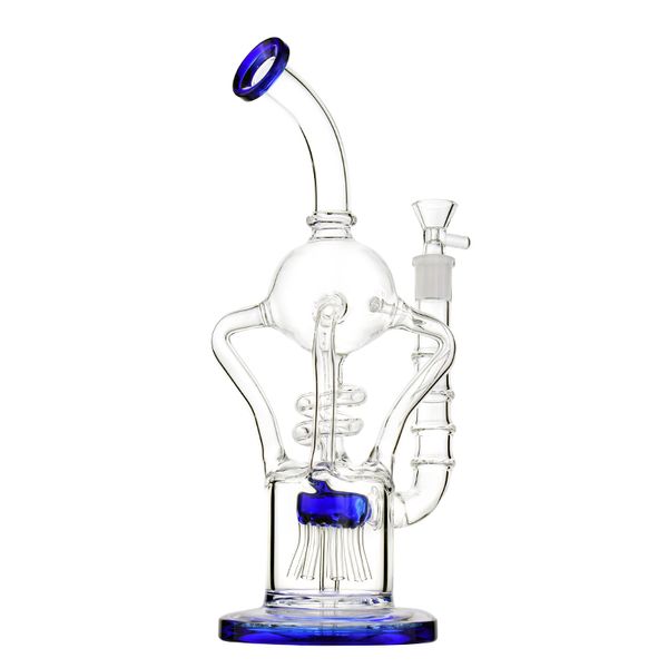 Bong en verre recycleur à col courbé de 12,4 pouces avec embout bleu, perc à bobine et percolateur d'arbre - Joint femelle de 14 mm