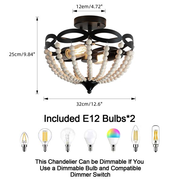 Plafonnier semi-circulaire en perles de bois de 12,6 pouces, style vintage rustique, plafonnier de salle à manger