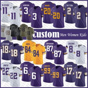 Custom 3 Addison Justin Jefferson TJ Hockenson Camiseta de fútbol Kirk Cousins Harrison Smith Alexander Mattison Danielle Hunter KJ Osborn Mekhi Blackmon Randy Moss