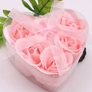 12 cajas 6pcs rosa rosa decorativo brote pétalo jabón de jabón para la boda de la boda en la caja en forma de corazón 292G