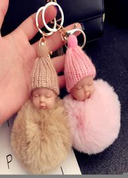 12 couleurs mignon bébé endormi poupée porte-clés pompon lapin boule de fourrure porte-clés voiture porte-clés femmes porte-clés sac pendentif charme accessoire5425158