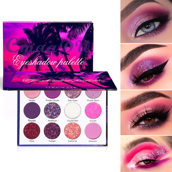 Paleta de sombras de ojos de 12 colores brillo rosa púrpura brillo atardecer paleta de sombras para ojos altamente pigmentada escenario de fiesta maquillaje de ojos brillantes