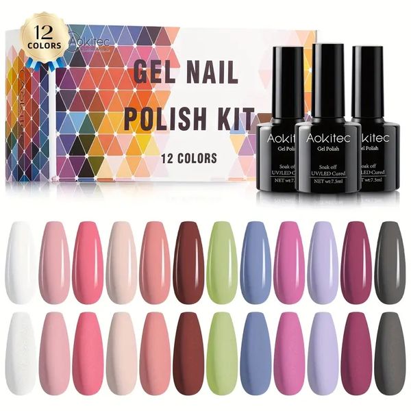 Kit de inicio de esmalte de uñas de gel de 12 colores: regalo de Navidad perfecto para mujeres - Incluye abrigo base, rosa, blanco, marrón ¡Más!