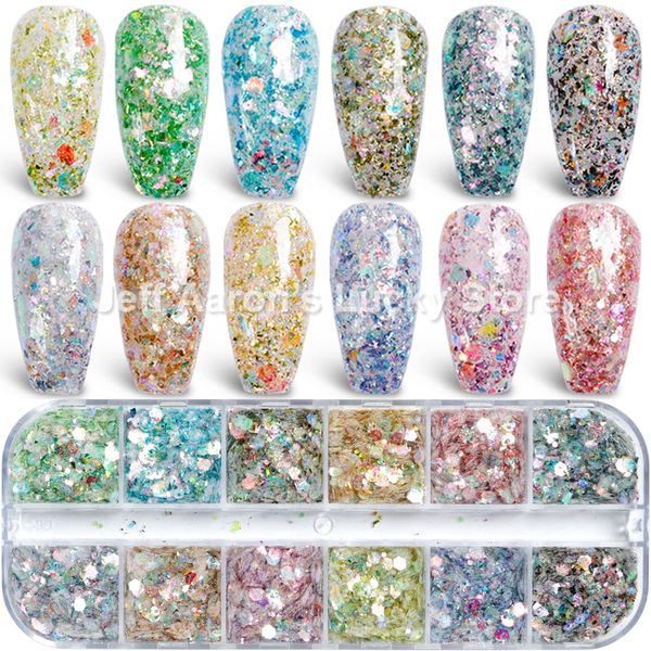 Brillo de uñas 12 Color Láser Hexágono Gel Polaco Polvo Lentejuelas Paillette Forma irregular Camaleón para decoraciones de arte