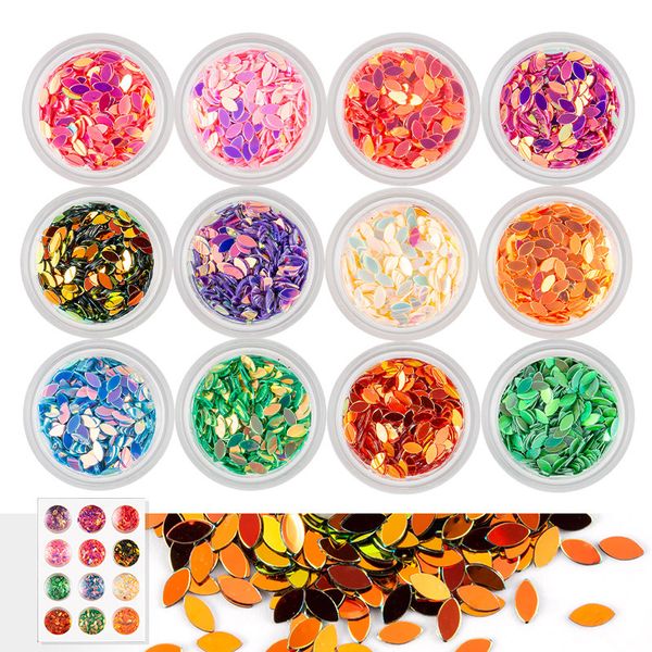 12 couleurs nail art laser ovale cheval yeux Décoration Glitter Sequin Accessoires 3D Design Conseils Acrylique Gel UV Outils de manucure polonais