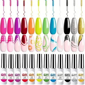 12 colores 5 ml Línea Arte Gel esmalte Construcción en un cepillo fino y afilado para uñas de remolino Pintura de pintura Arte gel de gel de curado Requiere, adecuado para el diseño de arte de uñas de bricolaje