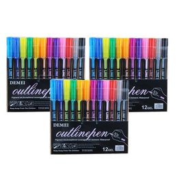 12 kleuren dubbele lijn pen metalen kleur overzicht uit lijn marker glitter voor tekening schilderij doodling schoolkunst benodigdheden 211104