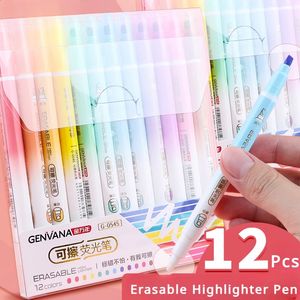 Resaltador borrable de 12 colores, marcador fluorescente con punta de cincel dual y goma para la escuela, oficina, lindos suministros estacionarios 240131