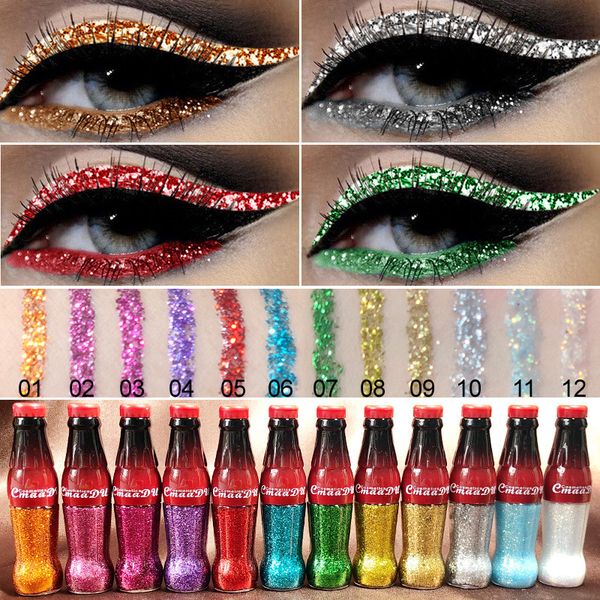 12 colores Liquid Shimmer Glitter Eyeliner Impermeable Fácil de usar Pigmento Red White Gold Eyeliner 12pcs