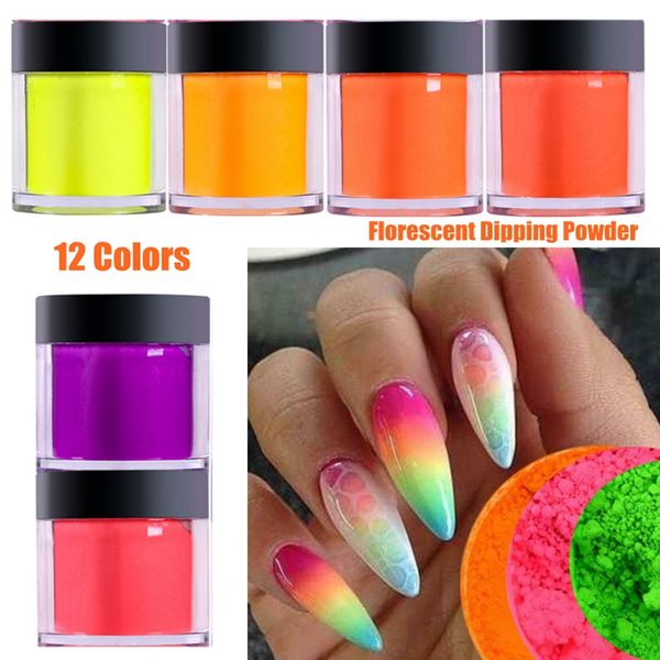 12 couleurs Nail Sculpture Acrylique Cristal Poudre Néon Fluorescent Trempage Poudre Nail Extension Français Manucure Beauté Glitte