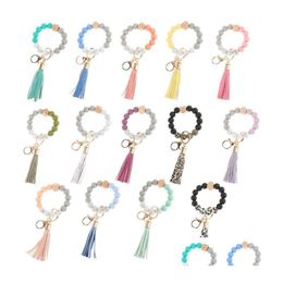 12 couleurs Sile perles gland perle chaîne bracelet porte-clés de qualité alimentaire léopard bracelets en bois pour femmes fille porte-clés livraison directe Dhvpa