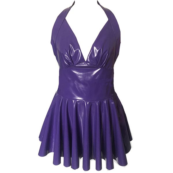 12 couleurs femmes dos nu col en v Mini robe PVC Faux cuir licou a-ligne robe plissée Sexy Look humide boîte de nuit fête Vestido