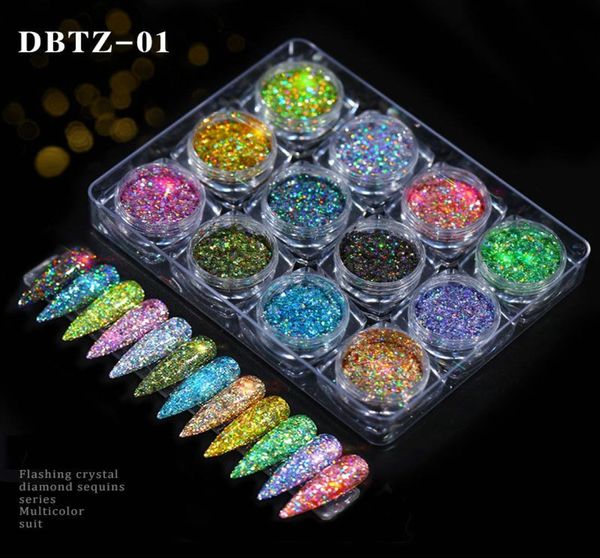 12 couleurs Ensemble de poudres de paillettes pour ongles Clignotant Cristal Diamant Série de Paillettes Costume Multicolore Brillant Forfait Mixte Été 8162775