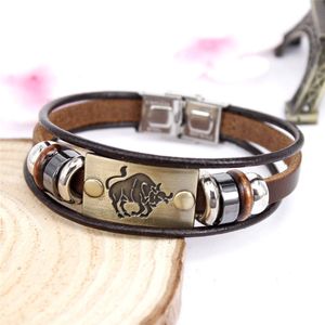 12 Constell bracelet horoscope signe charme cuir multicouche Wrap Bracelets Bangle Cuff bijoux de mode pour les femmes hommes volonté et sable