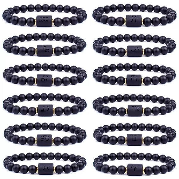 12 Pulseras de constelación Hombres Hebras de cuentas de piedra negra Pulsera Signo de estrella Horóscopo del zodiaco Amante Pareja Pulsera Amistad Joyería a granel