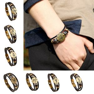 Pulsera de cuero de 12 constell, moneda de bronce, signo del horóscopo, pulseras envolventes multicapa, brazalete para hombre y mujer, joyería de hip hop Punk