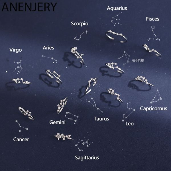 12 anneaux Constellation pour femmes, Zircon cubique, anneaux du zodiaque réglables, couleur argent, bijoux cadeaux S-R769