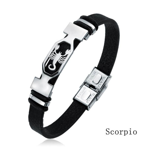 12 Constellation Bracelet manchette en acier inoxydable hommes femmes signe du zodiaque Bracelet en cuir noir Bracelet bijoux Pulseras Hombre