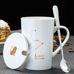 Tasses créatives en céramique avec couvercle de cuillère, 12 Constellations, tasse à café au lait du zodiaque en porcelaine blanche, 450ML, verres d'eau 242H