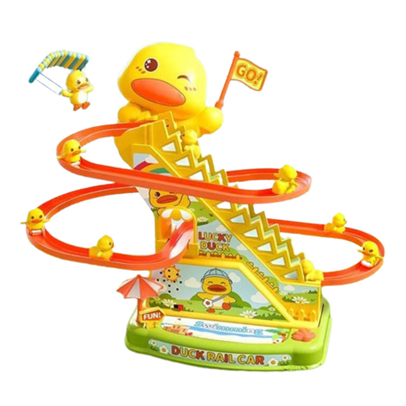 12 Electric Ducks Climbing Stairs Children Puzzle Assembly Track Car Baby Head Up Training Toy Charging or Battery Size 28cm with LED Flashing Lights Music