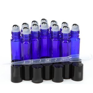 12 Lege 10 ML Cobalt Blue Glass Essential Oil Roll on Flessen met roestvrijstalen rollerbal voor parfum 3 ml druppelaar inbegrepen