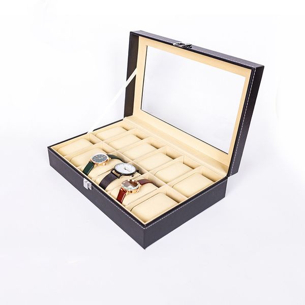 Caja de reloj marrón de 12 rejillas, cajas de almacenamiento para exhibir relojes, ranuras para pulsera, estuche protector, contenedor de joyería, regalo, fibra de carbono alta