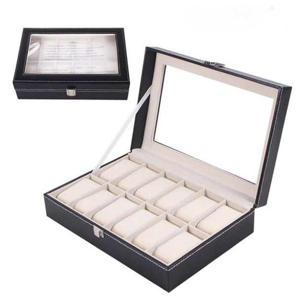12 grilles de la mode de mode Rangement Pu Leather Black Watch Box Box Box Box For Jewelry Display Collection2843