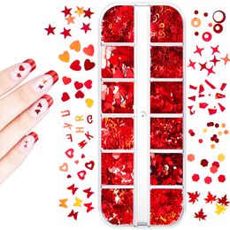 12 roosters houden van hart nagel pailletten mode schattige glitter vlokken 3d kleurrijk glanzende holografische laser manicure nagel art decoraties