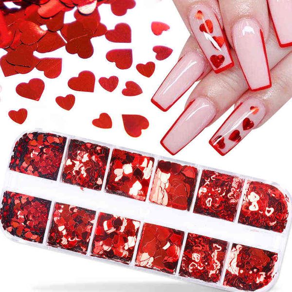 12 Grilles Mixte Rouge Amour Coeur Nail Art Paillettes Brillant Saint Valentin Glitter Flakes Fournitures Pour Ongles Pour Professionnels Accessoires Y220408