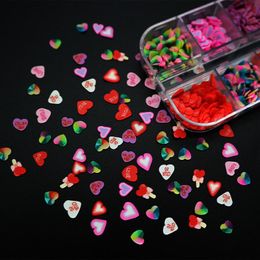 12 rejillas/juego de rodajas de arcilla polimérica, lentejuelas, diseño de uñas 3D, copos de corazón de amor de San Valentín, decoraciones para decoración de uñas, accesorios de manicura