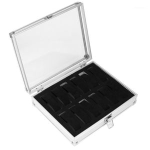 Caja de relojes de aluminio con 12 ranuras para rejillas, caja cuadrada de almacenamiento para exhibición de joyas, contenedor interior de gamuza, soporte para reloj r1246R