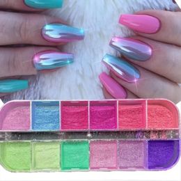 12 GridsBox Nail Glitter Kleurrijke Spiegel Effect Shimmer Zeemeermin Parel Poeder Chrome Pigment Stof Fijne Polish Decor 240229