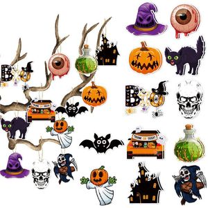 12 Halloween-Ornamente aus Papier zum Aufhängen, Baumschmuck, doppelseitig, Spinnen, Fledermäuse, Anhänger, Schilder, Kürbis, Hexe, Totenkopf, Geisterhut, Dekoration