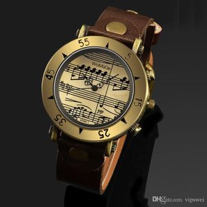 12-uur display Quartz Watch Retro PU Strap Metal Bronze Case Music Note Markers Unisex horloges Ancient Roman Style 231s