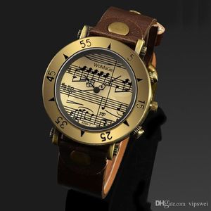 12-uur display Quartz Watch Retro PU Strap Metal Bronze Case Music Note Markers unisex horloges oude Romeinse stijl319d