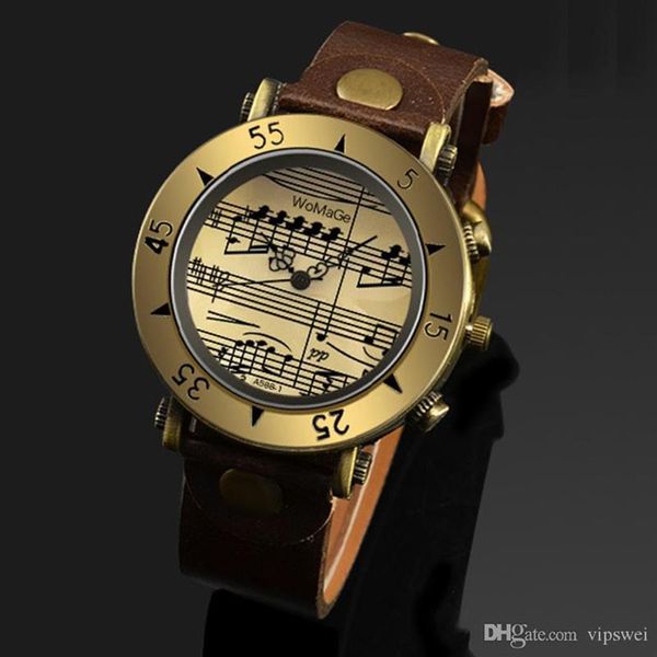 Montre à Quartz rétro avec affichage de 12 heures, bracelet en PU, boîtier en métal Bronze, marqueurs de notes de musique, montres unisexes style romain antique 275u