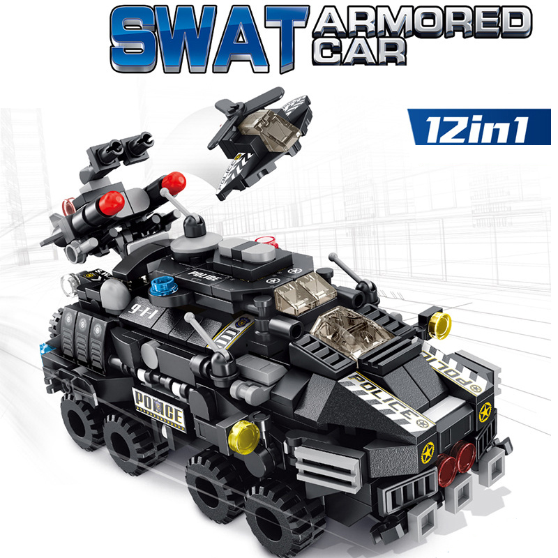 12 in 1 군용 SWAT 장갑차 장갑차 트럭 모델 키트 빌딩 블록 벽돌 장난감
