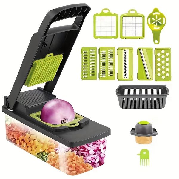 12 en 1 Cortadora de verduras multifunción Trituradoras con escurridor Cebolla Picadora Dicer Queso Rallador Accesorios de cocina 240113