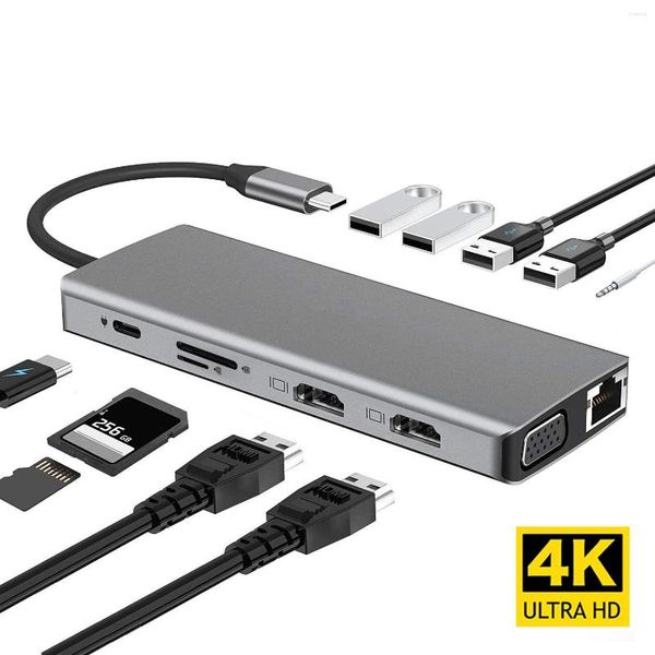 12 en 1 multipuerto Jack de 3,5 mm PD Carga USB 3.0 4K Dual Rj45 Ethernet Tipo-C Hub Estación de acoplamiento para PC portátil