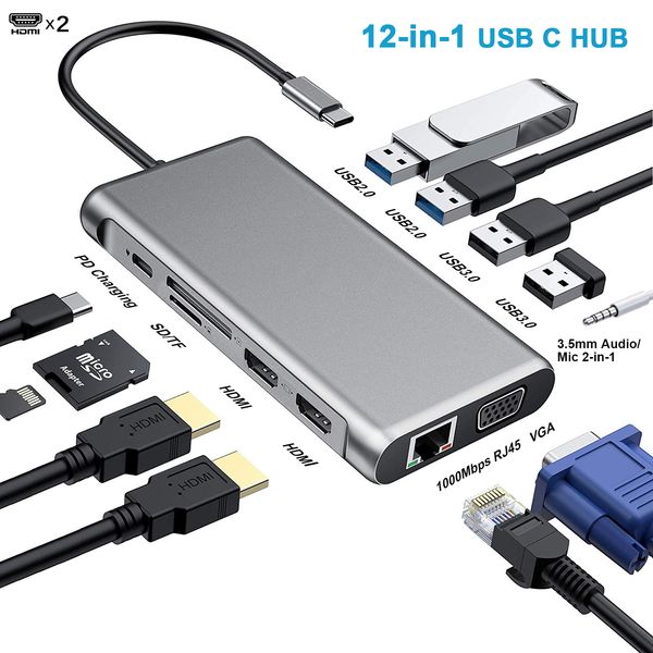 12 IN 1 USB Type C Hub Type-C à 2 adaptateur VGA 4K compatible HDMI RJ45 LAN Ethernet SD TF PD 3,5 mm Audio / mic pour MacBook Pro OTG