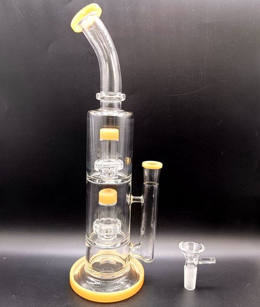 12 pouces Délicat Jaune Verre Eau Bong Narguilé avec Pneu Perclateur recycleur Huile Dab Rigs Pipes