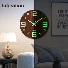 Horloge murale de 12 pouces en bois lumineux, lueur nocturne Visible, horloge silencieuse nordique, décoration avec veilleuse pour chambre à coucher, salon, maison 240318