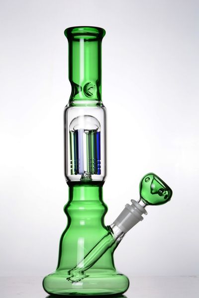 Tube droit de bécher clair bleu vert de 12 pouces avec bras coloré arbre perc bongs en verre conduite d'eau tige descendante diffuse avec narguilés communs de 14 mm
