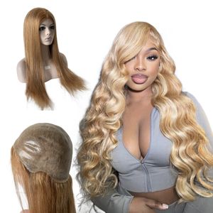 12 Inch Korte Mongoolse Maagd Menselijk Haar Zijdeachtig Recht 150% Dichtheid Blonde Kleur 27 # Huid Volledige PU Pruiken voor Zwarte Vrouw