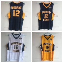 12 Ja Morant Murray State Racers Basketball Navy Blue Yellow Wit allemaal gestikte truien