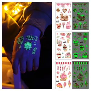 12 sortes de tatouages temporaires lumineux pour enfants étanche lueur bonbons château de crème glacée faux tatouages autocollants enfants fête maquillage