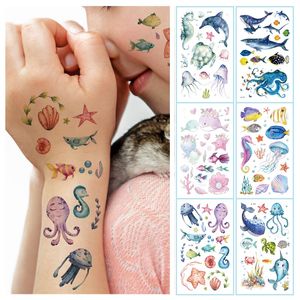 12 sortes de tatouages temporaires imperméables pour enfants dessin animé dauphins baleines poissons marins aquarelle faux autocollants de tatouage jetables